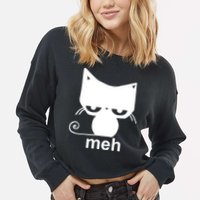 Meh Cat Funny Meme Cropped Pullover Crew