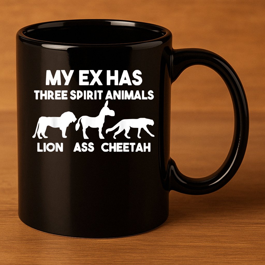 My Ex Has 3 Spirit Animals Lion Ass Cheetah Divorce 11oz C Handle Ceramic Mug