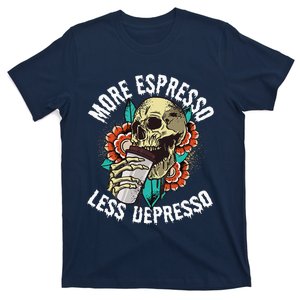 More Espresso Less Depresso Skull Coffee Lover Energy Drink T-Shirt