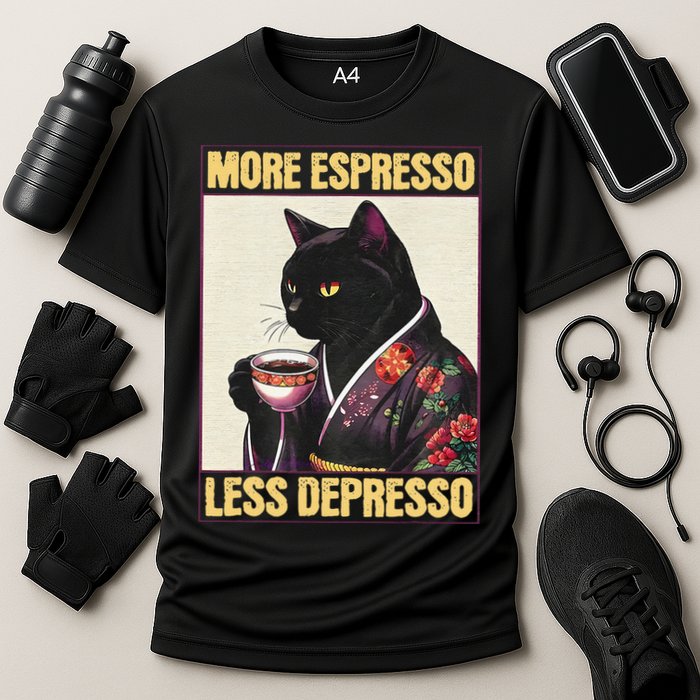 More Espresso Less Depresso Kimono Cat Japanese Art Gift Cooling Performance Crew T-Shirt