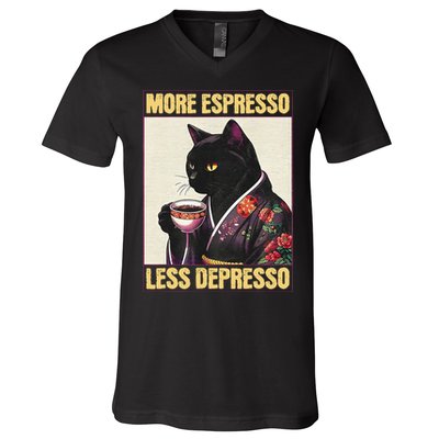 More Espresso Less Depresso Kimono Cat Japanese Art Gift V-Neck T-Shirt
