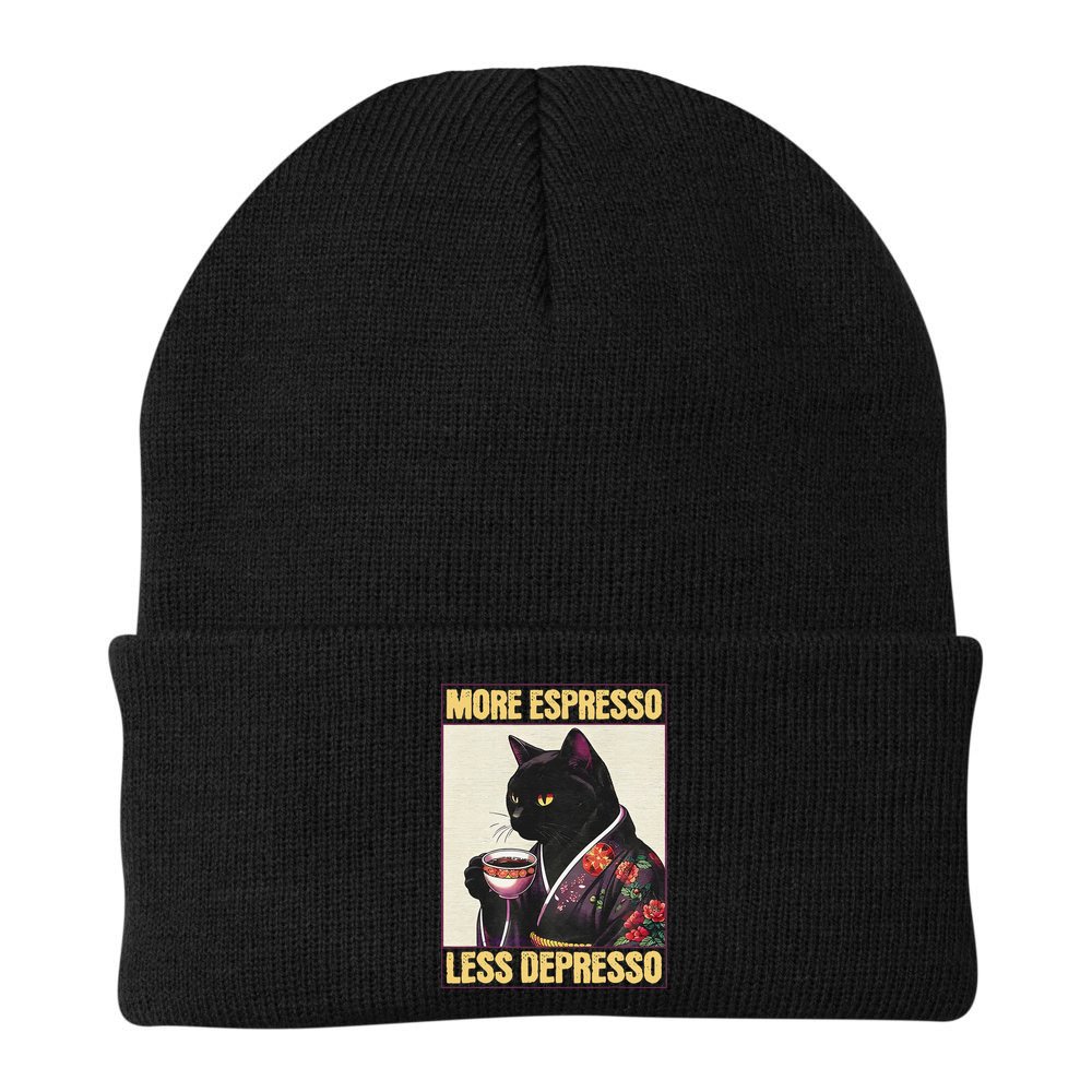 More Espresso Less Depresso Kimono Cat Japanese Art Gift Beanie