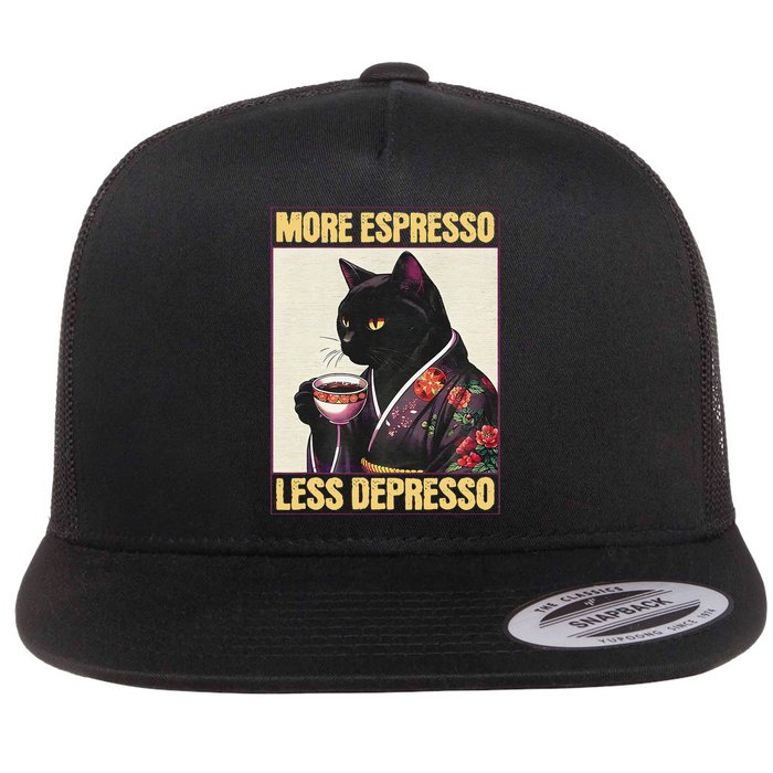 More Espresso Less Depresso Kimono Cat Japanese Art Gift Flat Bill Trucker Hat