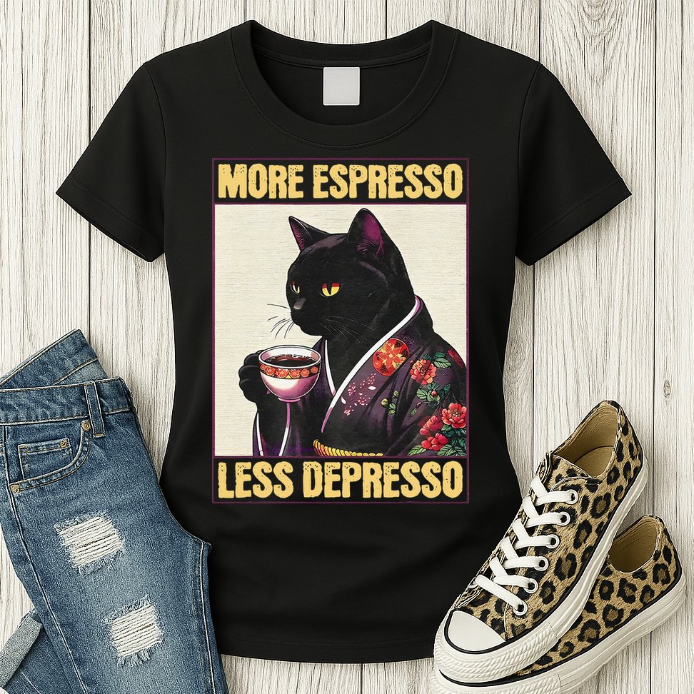 More Espresso Less Depresso Kimono Cat Japanese Art Gift Womens T-Shirt