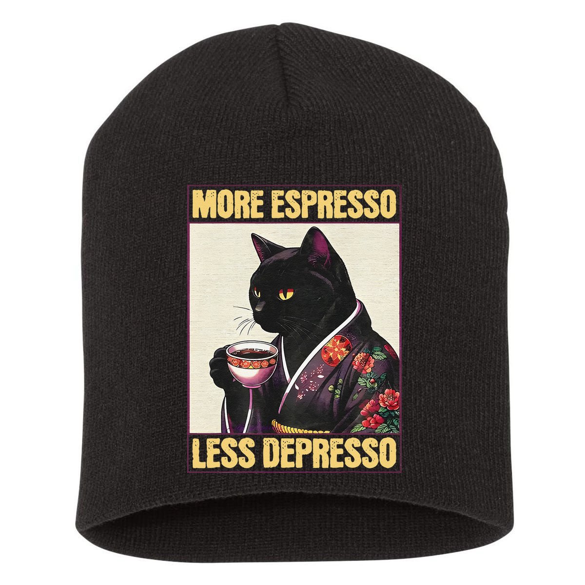 More Espresso Less Depresso Kimono Cat Japanese Art Gift Short Acrylic Beanie