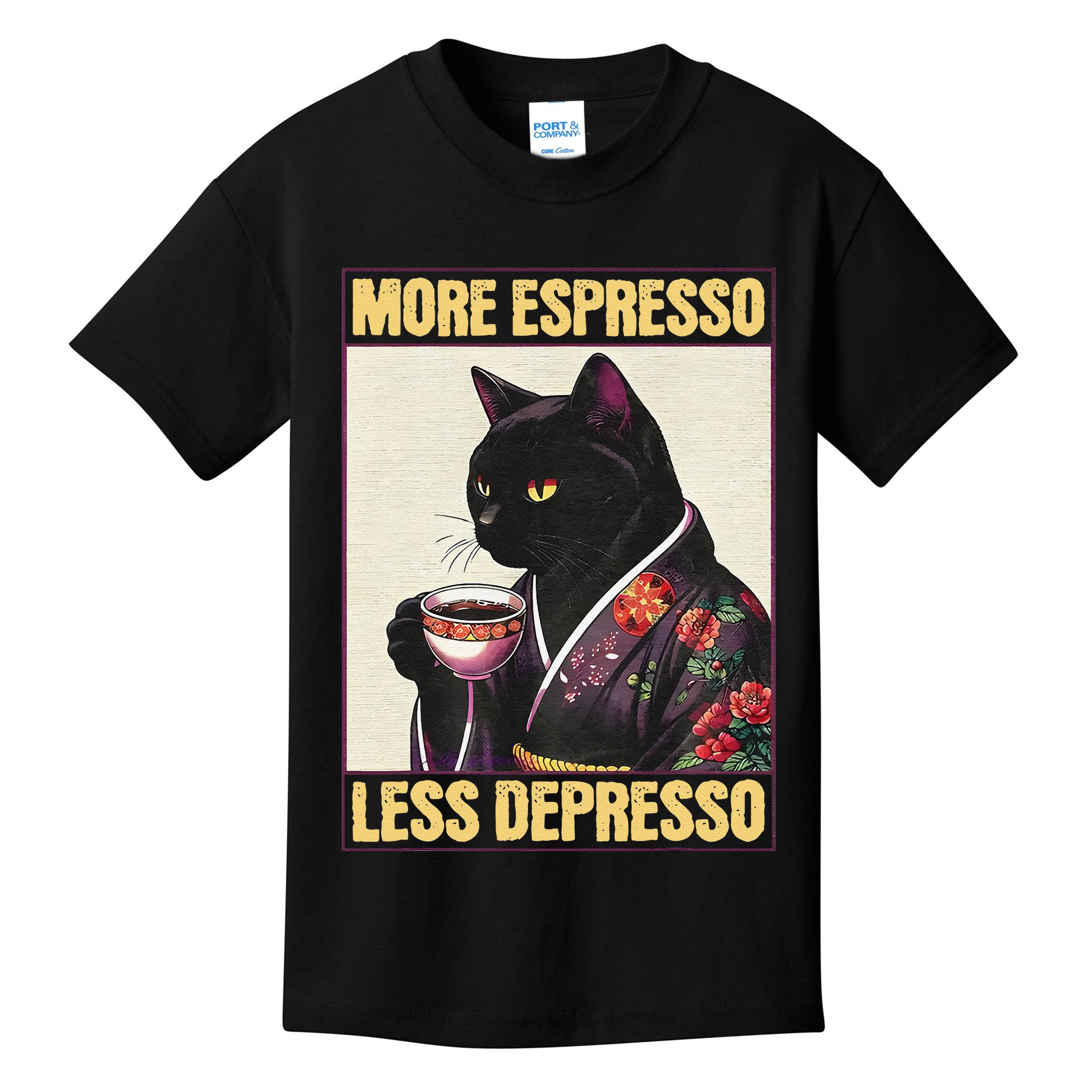 More Espresso Less Depresso Kimono Cat Japanese Art Gift Kids T-Shirt