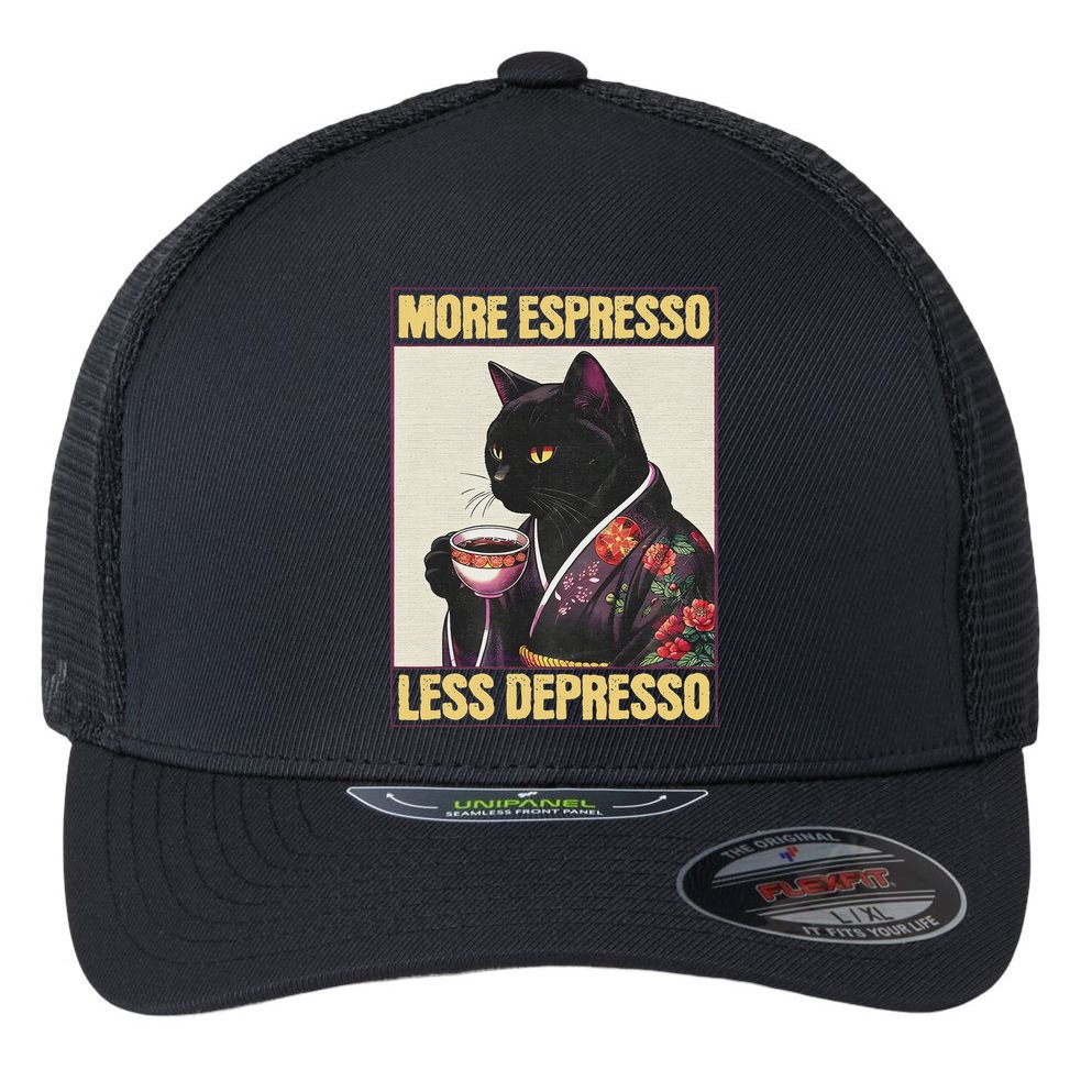 More Espresso Less Depresso Kimono Cat Japanese Art Flexfit Unipanel Trucker Cap