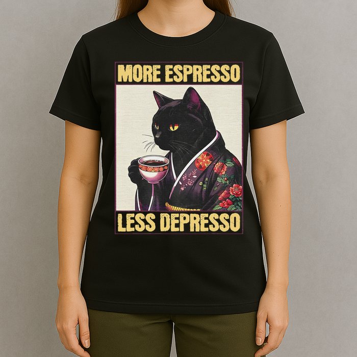 More Espresso Less Depresso Kimono Cat Japanese Art T-Shirt