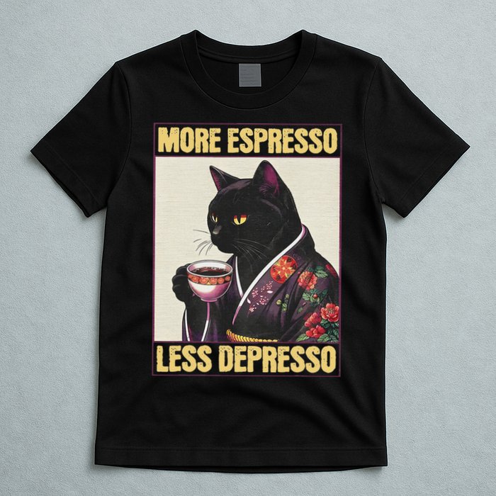 More Espresso Less Depresso Kimono Cat Japanese Art T-Shirt