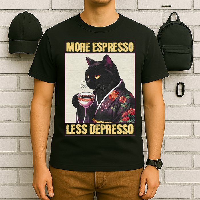 More Espresso Less Depresso Kimono Cat Japanese Art T-Shirt