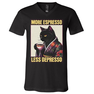 More Espresso Less Depresso Kimono Cat Japanese Art V-Neck T-Shirt