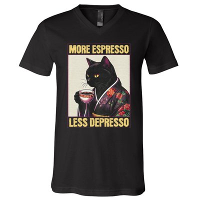 More Espresso Less Depresso Kimono Cat Japanese Art V-Neck T-Shirt