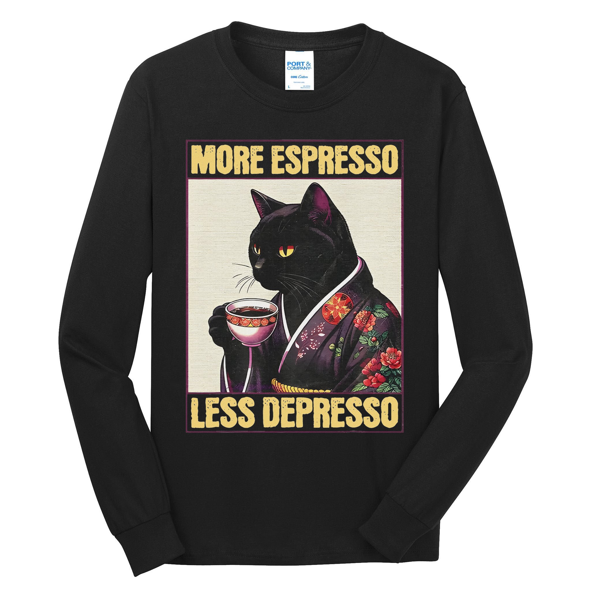 More Espresso Less Depresso Kimono Cat Japanese Art Tall Long Sleeve T-Shirt
