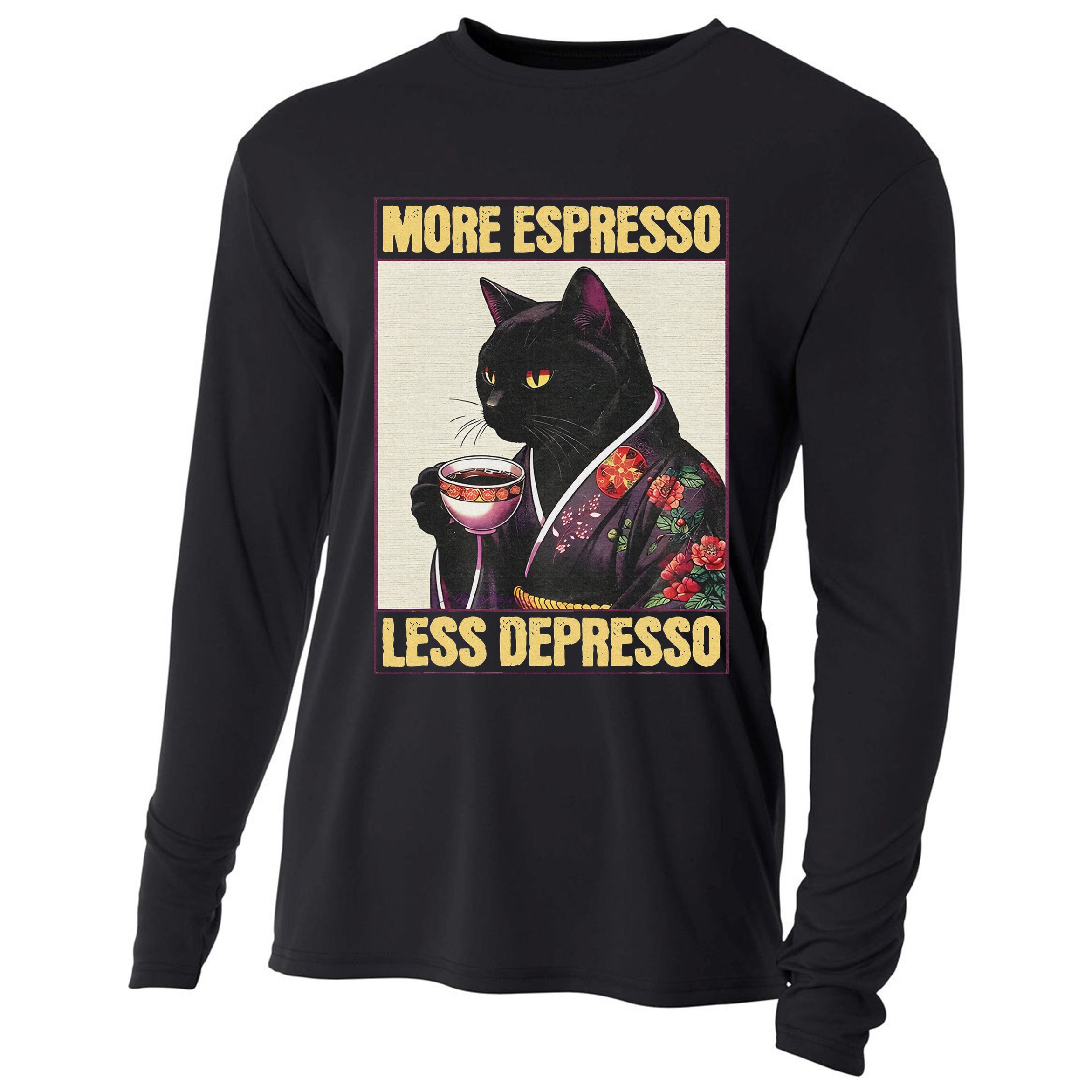 More Espresso Less Depresso Kimono Cat Japanese Art Cooling Performance Long Sleeve Crew