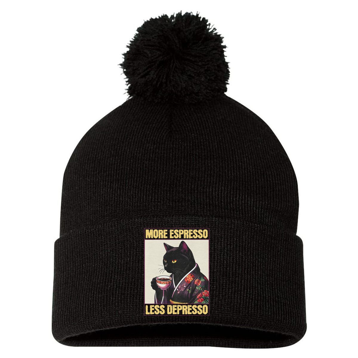 More Espresso Less Depresso Kimono Cat Japanese Art Pom Pom 12in Knit Beanie