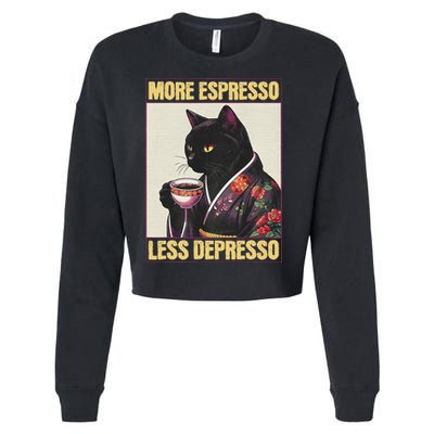 More Espresso Less Depresso Kimono Cat Japanese Art Cropped Pullover Crew