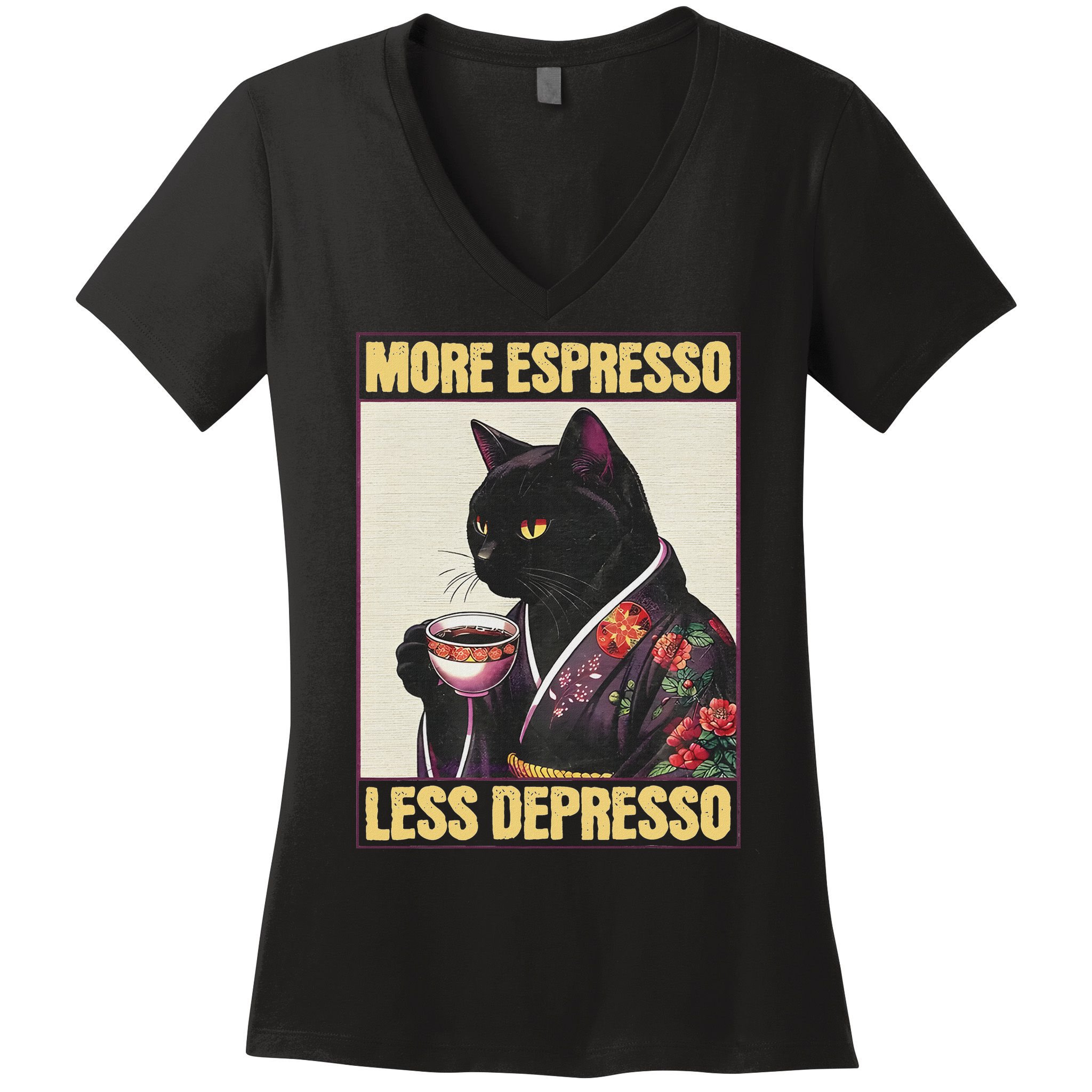 More Espresso Less Depresso Kimono Cat Japanese Art Women's V-Neck T-Shirt