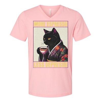 More Espresso Less Depresso Kimono Cat Japanese V-Neck T-Shirt
