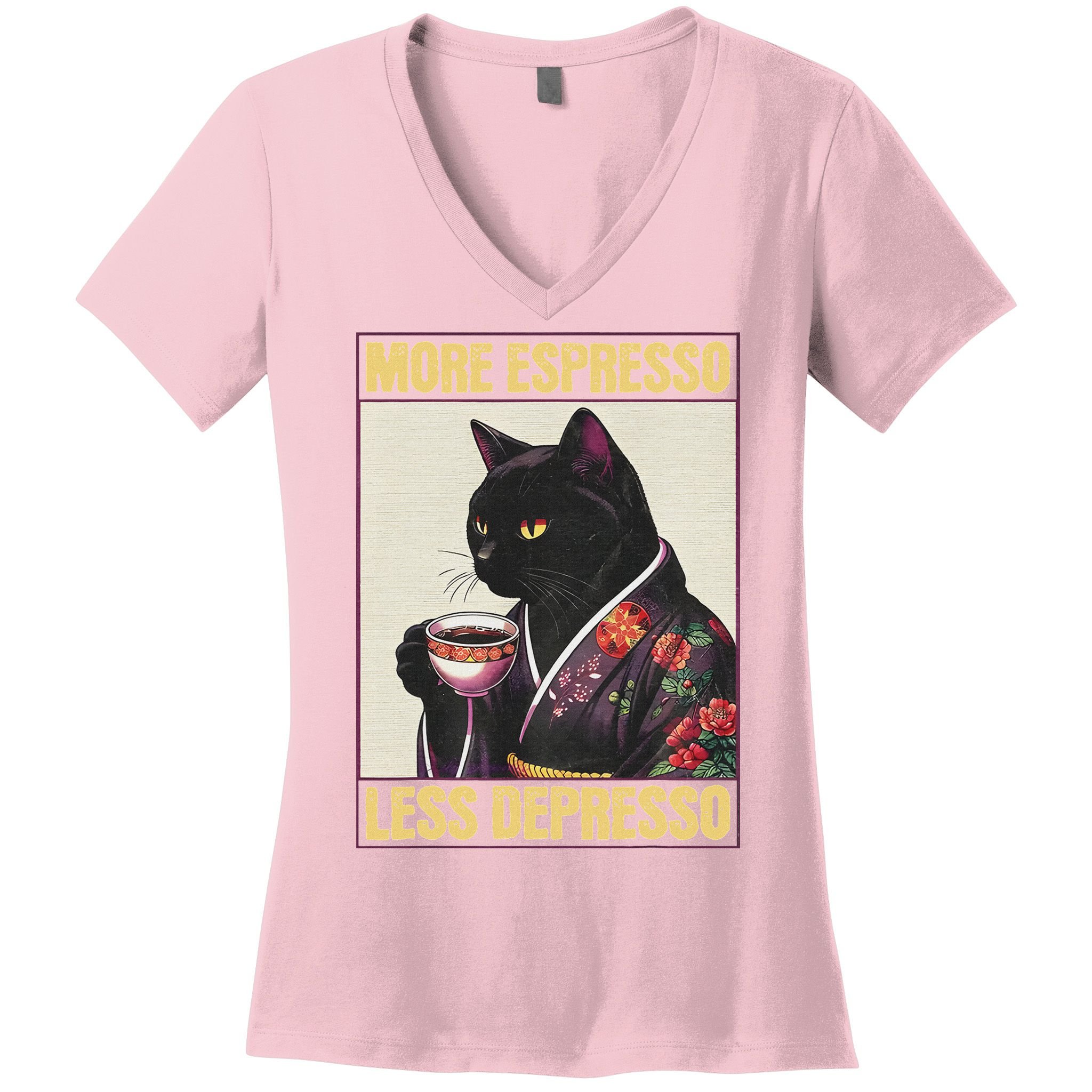 More Espresso Less Depresso Kimono Cat Japanese Women's V-Neck T-Shirt