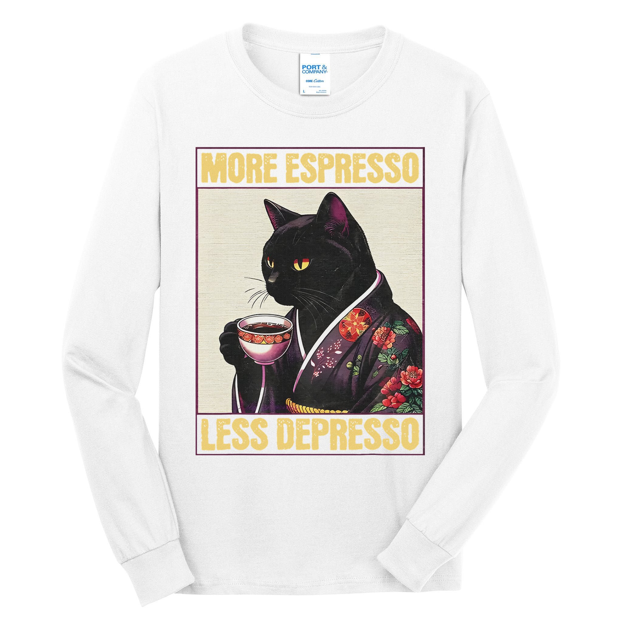 More Espresso Less Depresso Kimono Cat Japanese Tall Long Sleeve T-Shirt