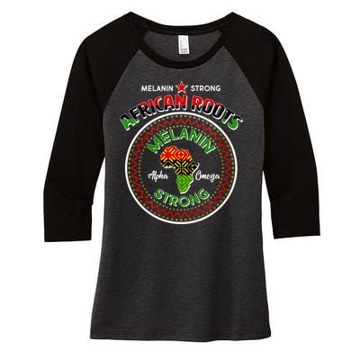 Melanin Strong African Roots Emblem Women's Tri-Blend 3/4-Sleeve Raglan Shirt