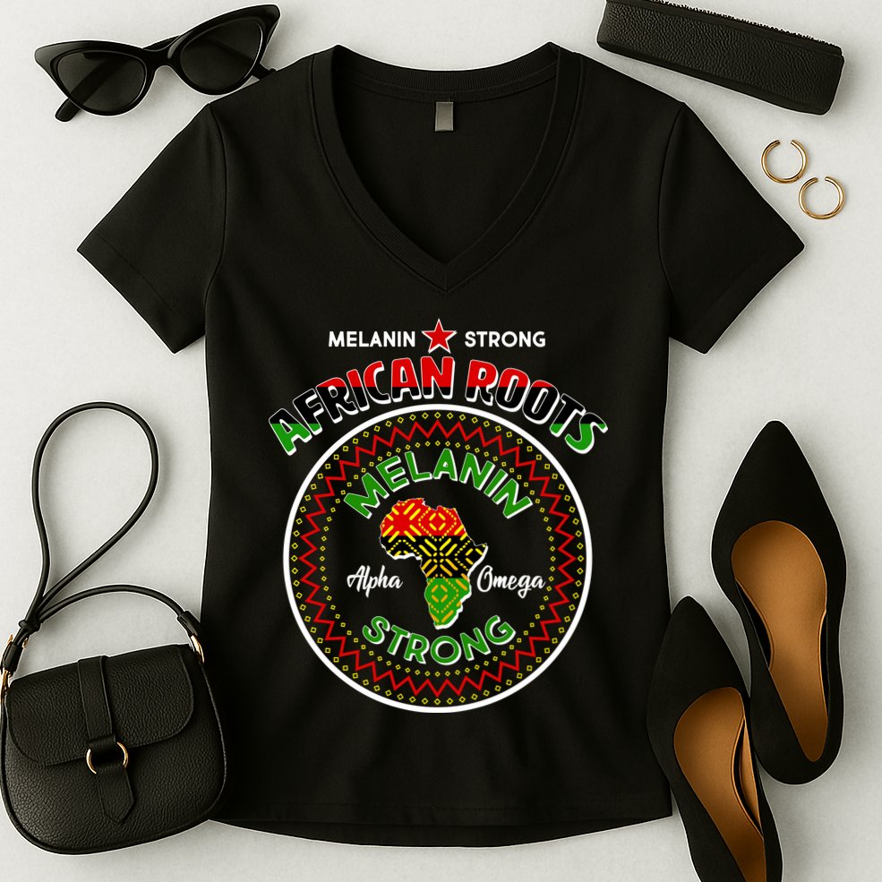 Melanin Strong African Roots Emblem Women's V-Neck T-Shirt