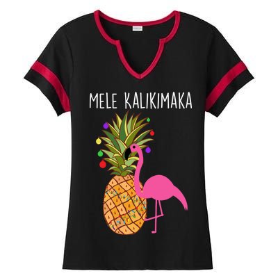 Mele Kalikimaka Flamingo Christmas Ladies Halftime Notch Neck Tee