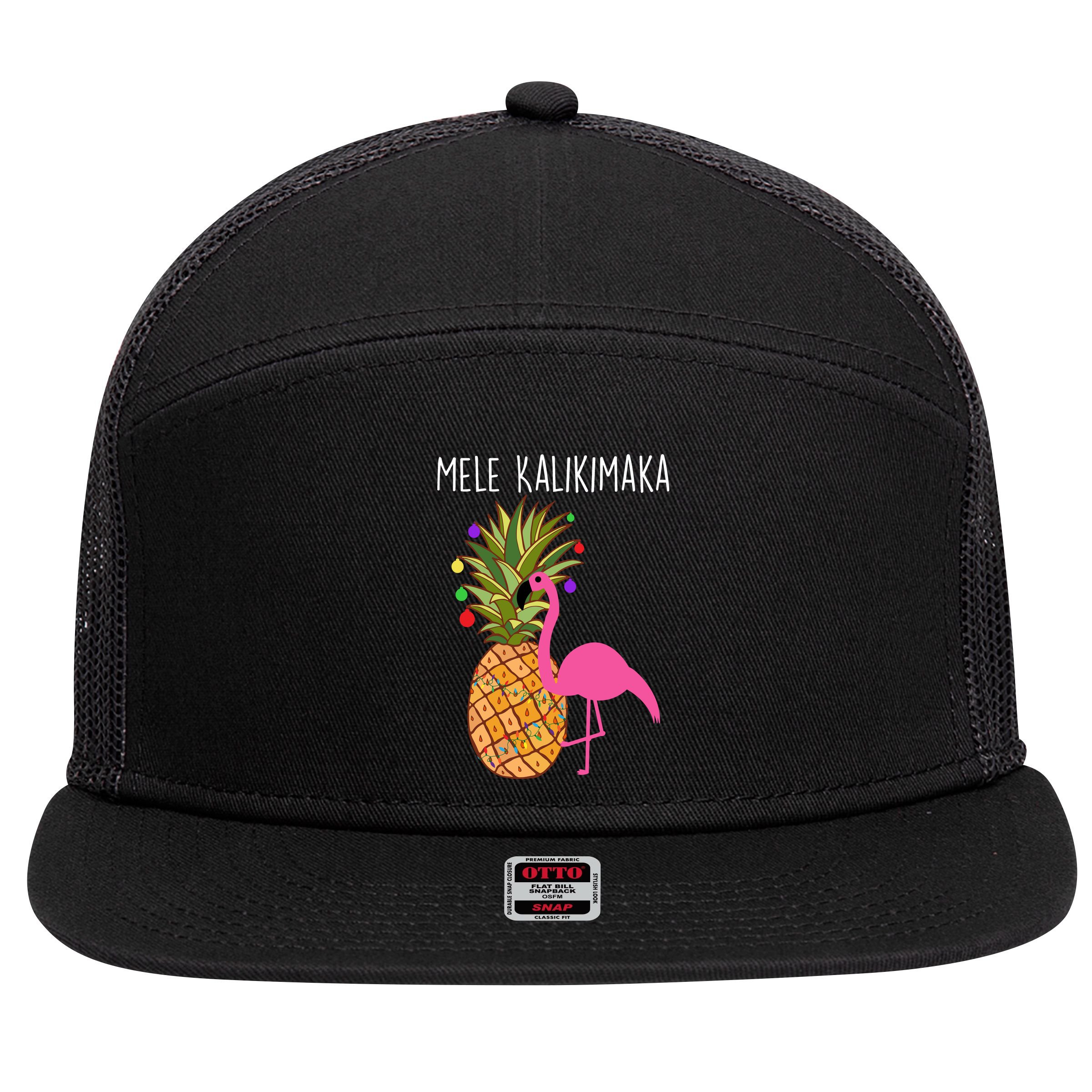 Mele Kalikimaka Flamingo Christmas 7 Panel Mesh Trucker Snapback Hat