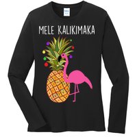 Mele Kalikimaka Flamingo Christmas Ladies Long Sleeve Shirt