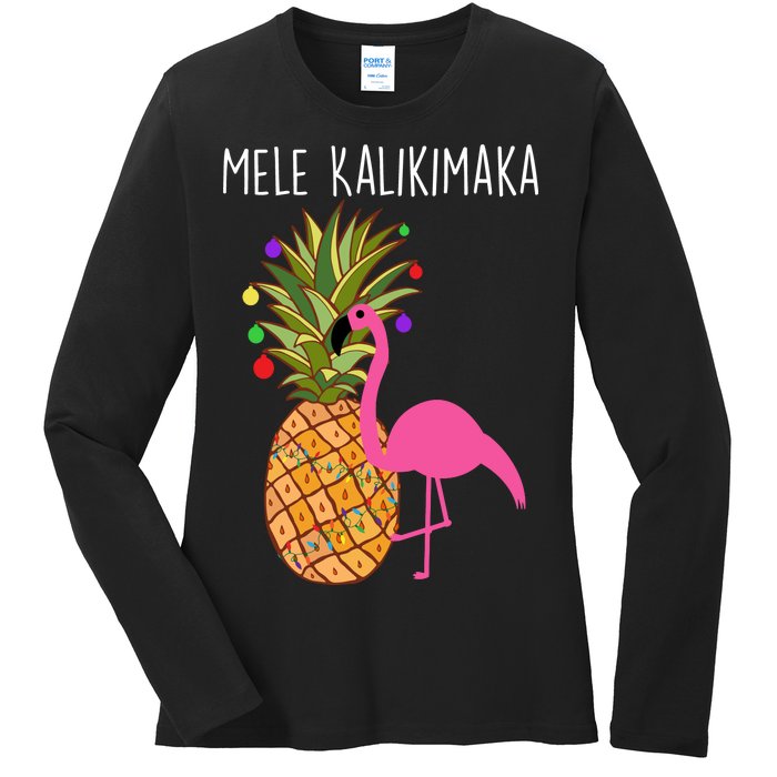 Mele Kalikimaka Flamingo Christmas Ladies Long Sleeve Shirt