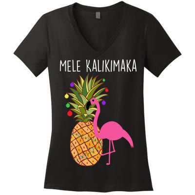 Mele Kalikimaka Flamingo Christmas Women's V-Neck T-Shirt