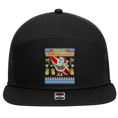 Mele Kalikimaka Santa Ugly Christmas Hawaiian 7 Panel Mesh Trucker Snapback Hat