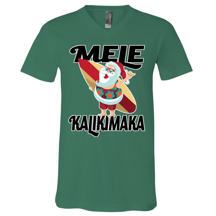 Mele Kalikimaka Surfing Santa Christmas V-Neck T-Shirt