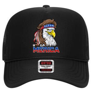 Merica Eagle Mullet 4th Of July American Flag Usa High Crown Mesh Back Trucker Hat