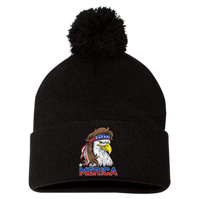 Merica Eagle Mullet 4th Of July American Flag Usa Pom Pom 12in Knit Beanie