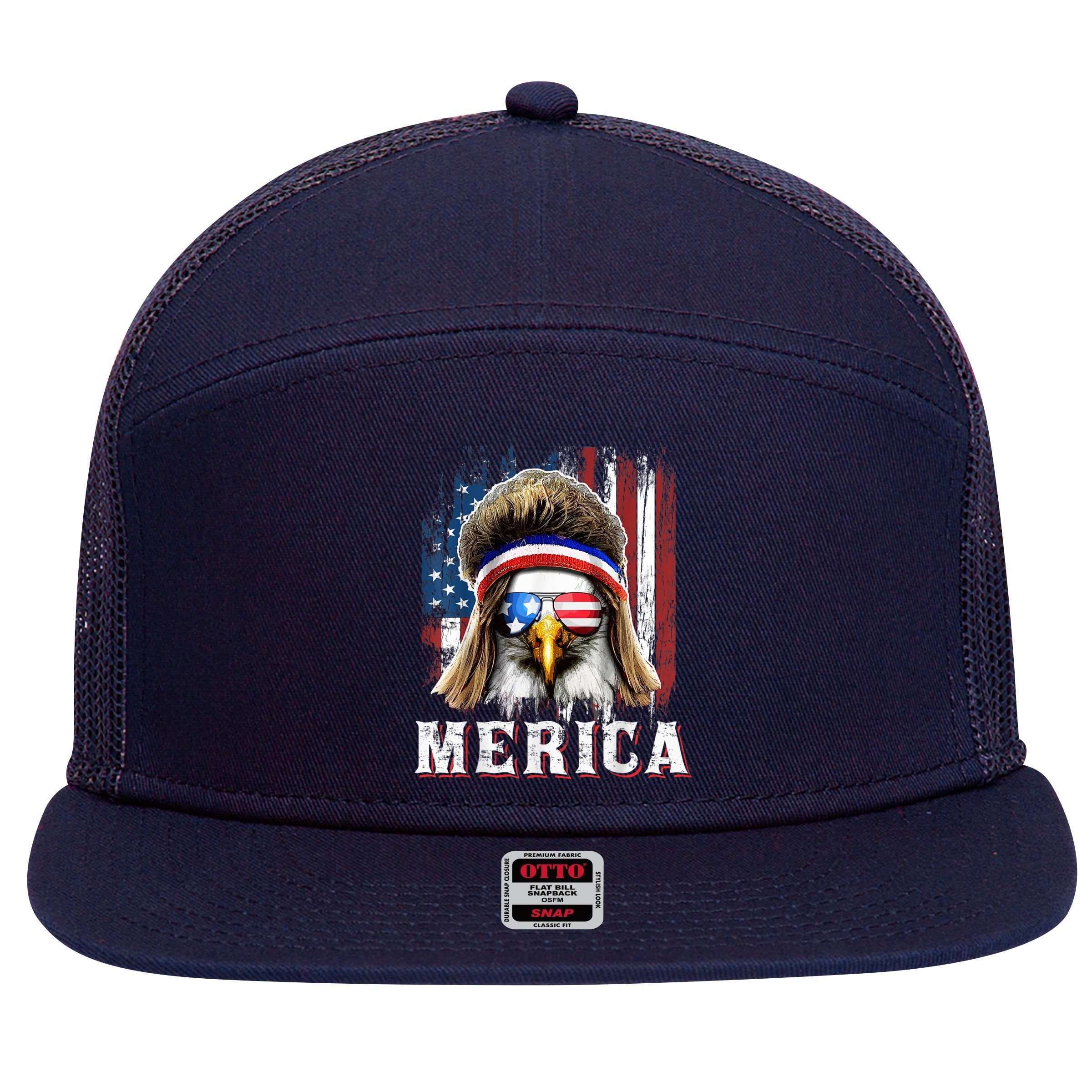 Merica Eagle Mullet 4th Of July American Flag Stars Stripes 7 Panel Mesh Trucker Snapback Hat