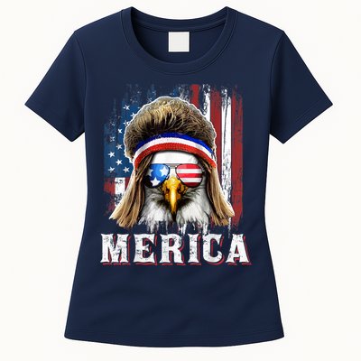Merica Eagle Mullet 4th Of July American Flag Stars Stripes Womens T-Shirt