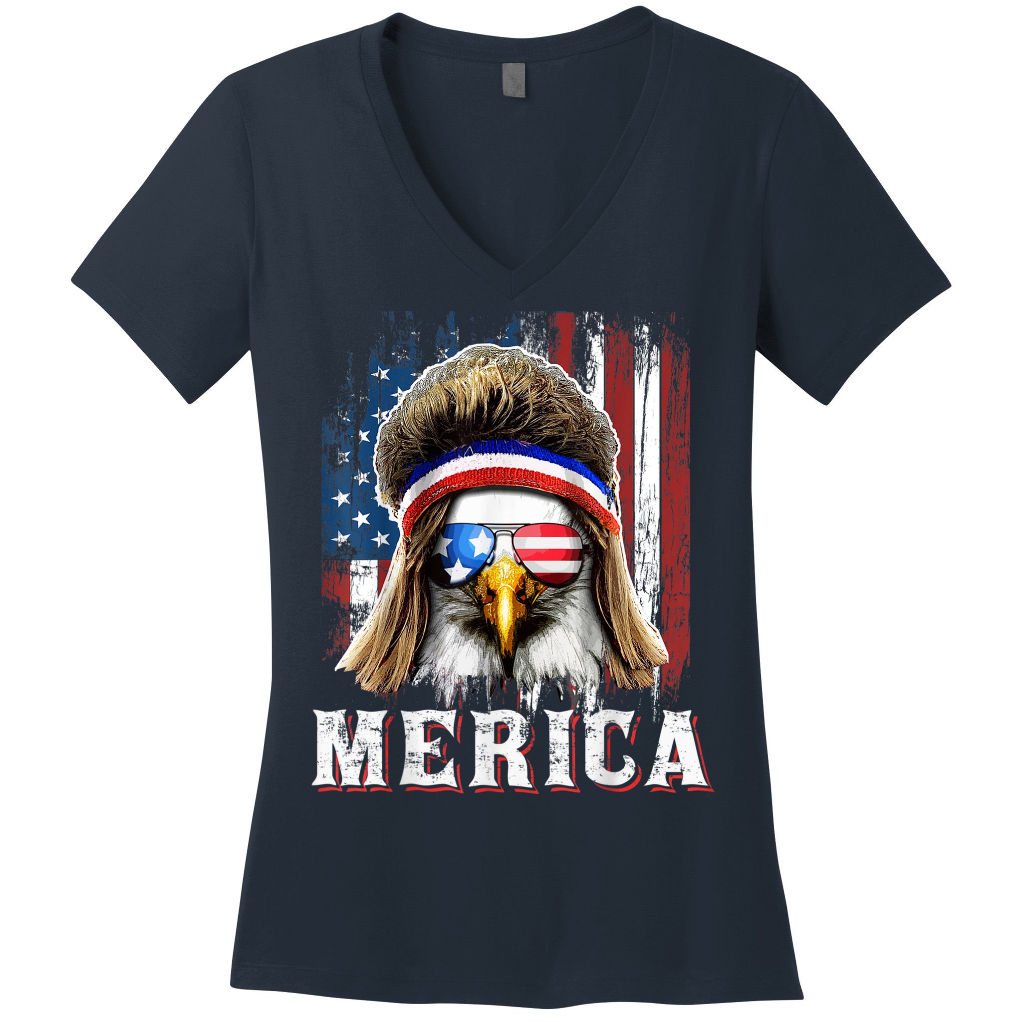 Merica Eagle Mullet 4th Of July American Flag Stars Stripes Women's V-Neck T-Shirt