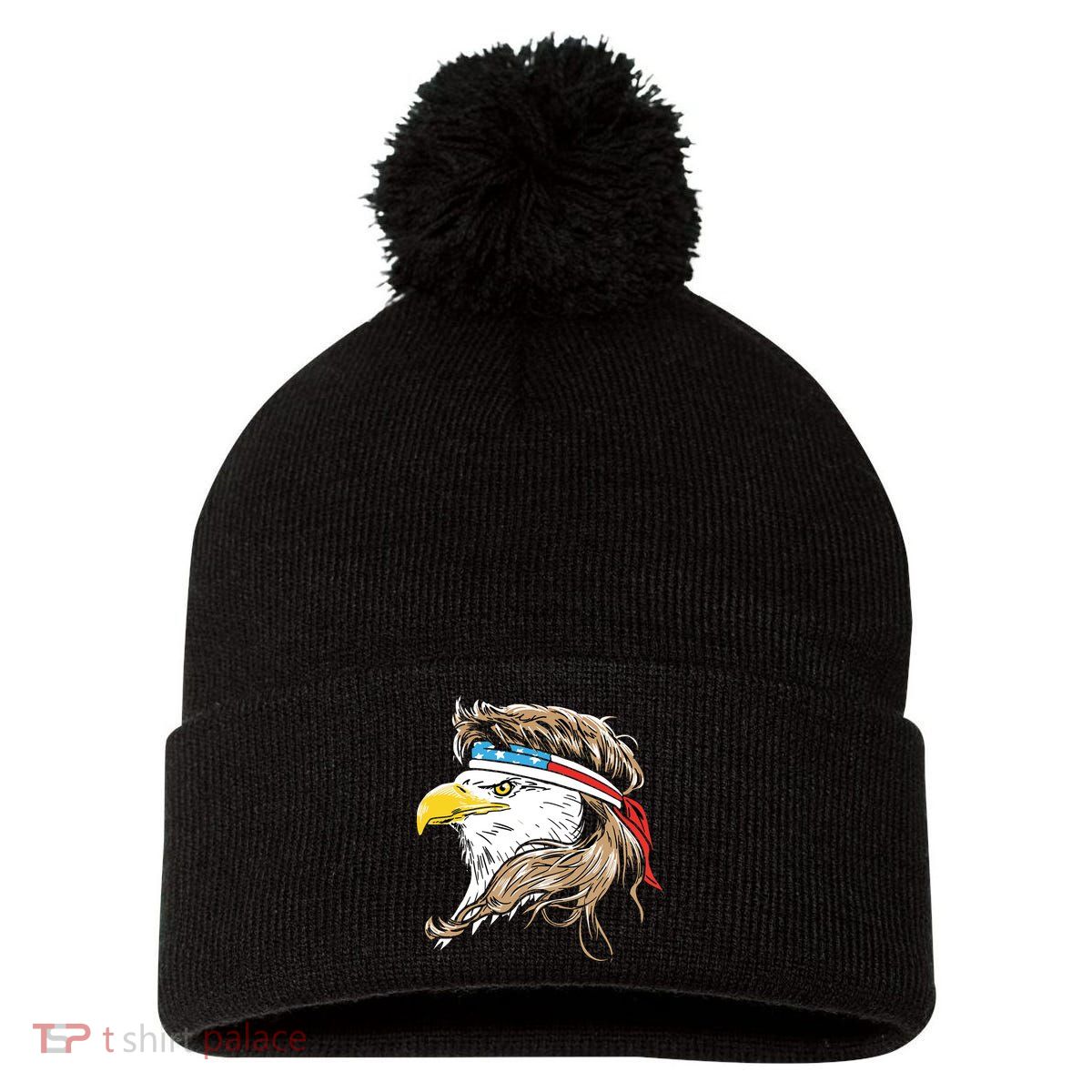 Merica Eagle Mullet 4th Of July Pom Pom 12in Knit Beanie