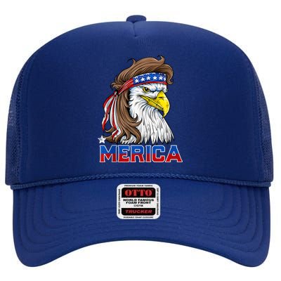 Merica Eagle Mullet 4th Of July Men Women American Flag USA High Crown Mesh Back Trucker Hat