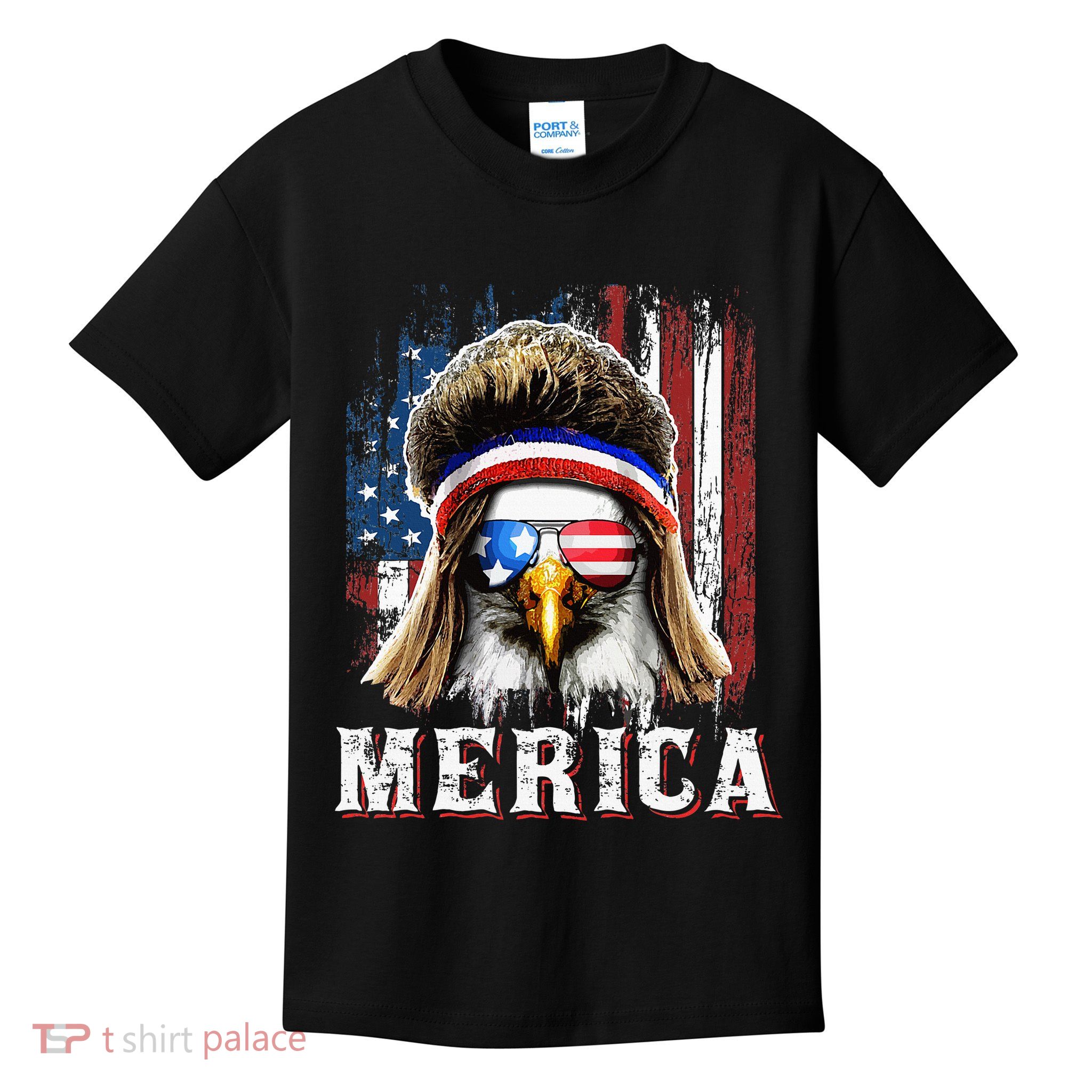 Merica Eagle Mullet 4th Of July American Flag Stars Stripes Kids T-Shirt