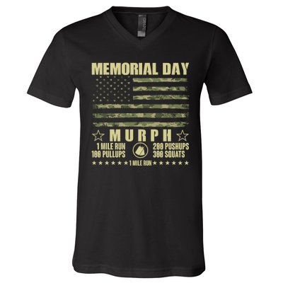 Memorial Day Murph Workout Camo USA American Flag V-Neck T-Shirt