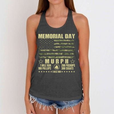 Memorial Day Murph Workout Camo USA American Flag Women's Knotted Racerback Tank