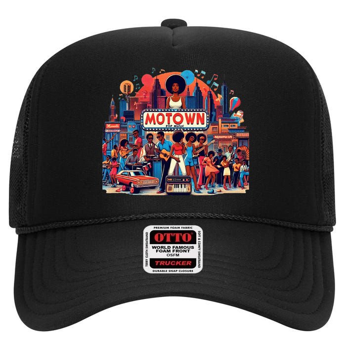 Motown Era Nostalgic Music Design High Crown Mesh Back Trucker Hat