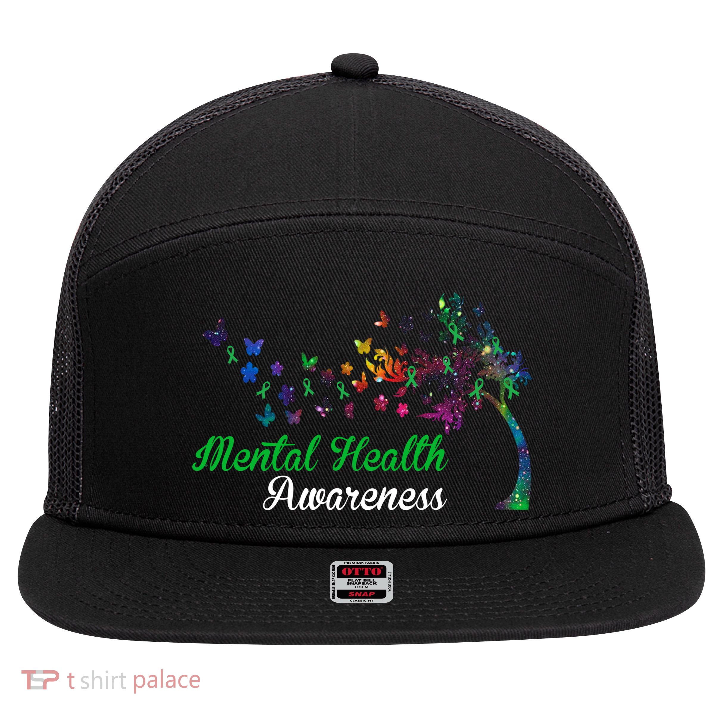 Mental Health Awareness Butterfly Tree 7 Panel Mesh Trucker Snapback Hat