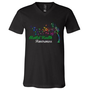 Mental Health Awareness Butterfly Tree V-Neck T-Shirt