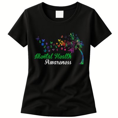 Mental Health Awareness Butterfly Tree Womens T-Shirt