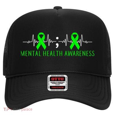 Mental Health Awareness Pulse Ribbon High Crown Mesh Back Trucker Hat
