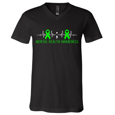 Mental Health Awareness Pulse Ribbon V-Neck T-Shirt