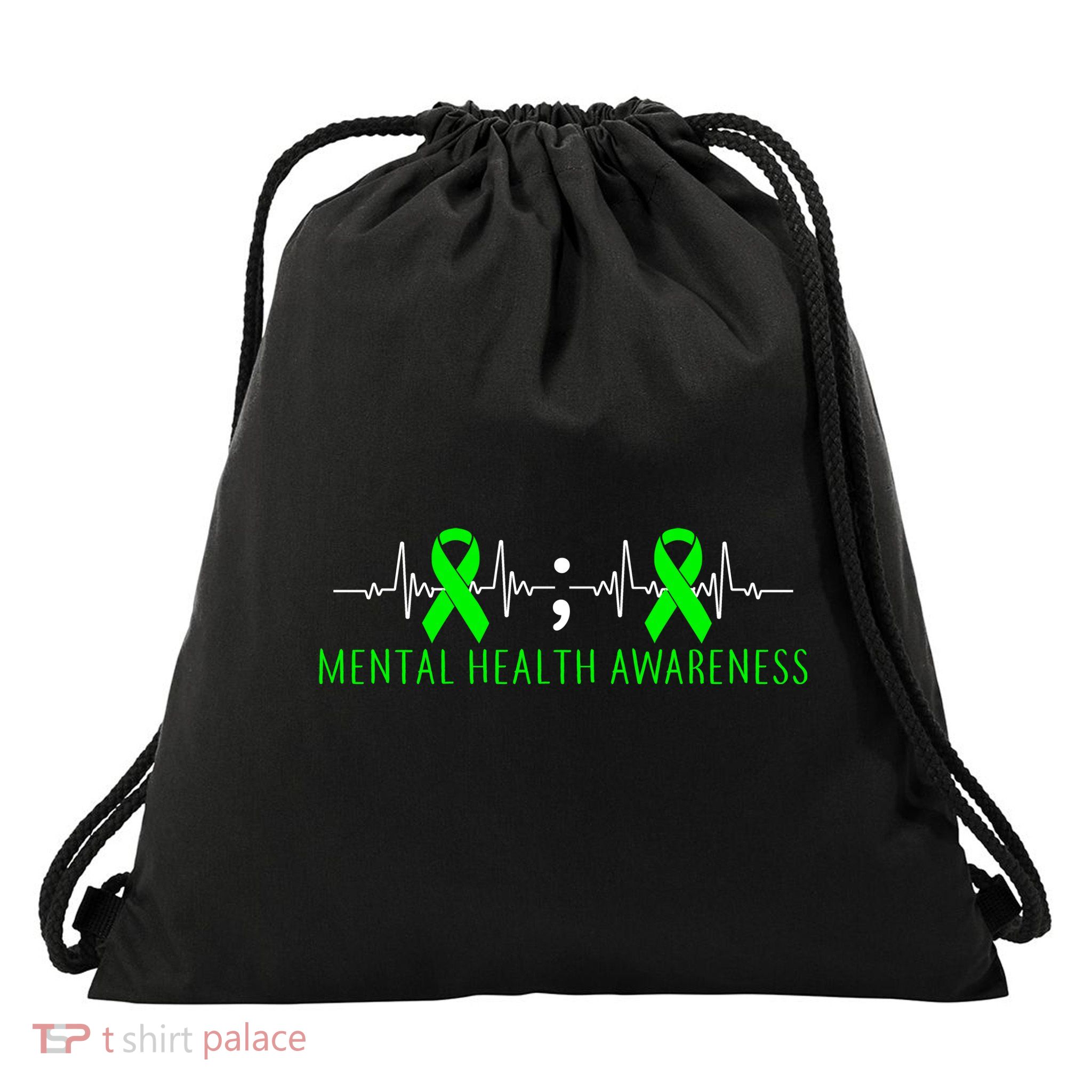 Mental Health Awareness Pulse Ribbon Drawstring Bag